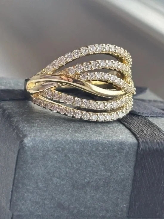 Gold Plated Multi Band Pave CZ Ring Size 6 Layered Wrap Statement Ring - Picture 1 of 11